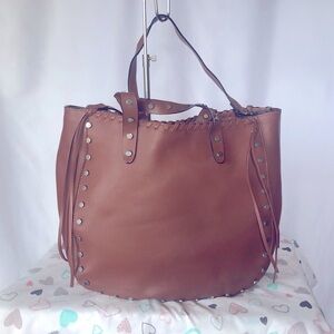 ZARA WOMAN leather brown large tote w/ silver studs along the perimeter of bag